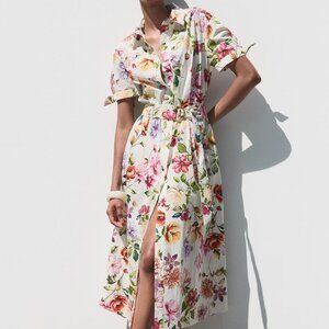 ZARA Women's Midi Dress Size Large Cotton Poplin Print Tie Sleeves Belted Floral